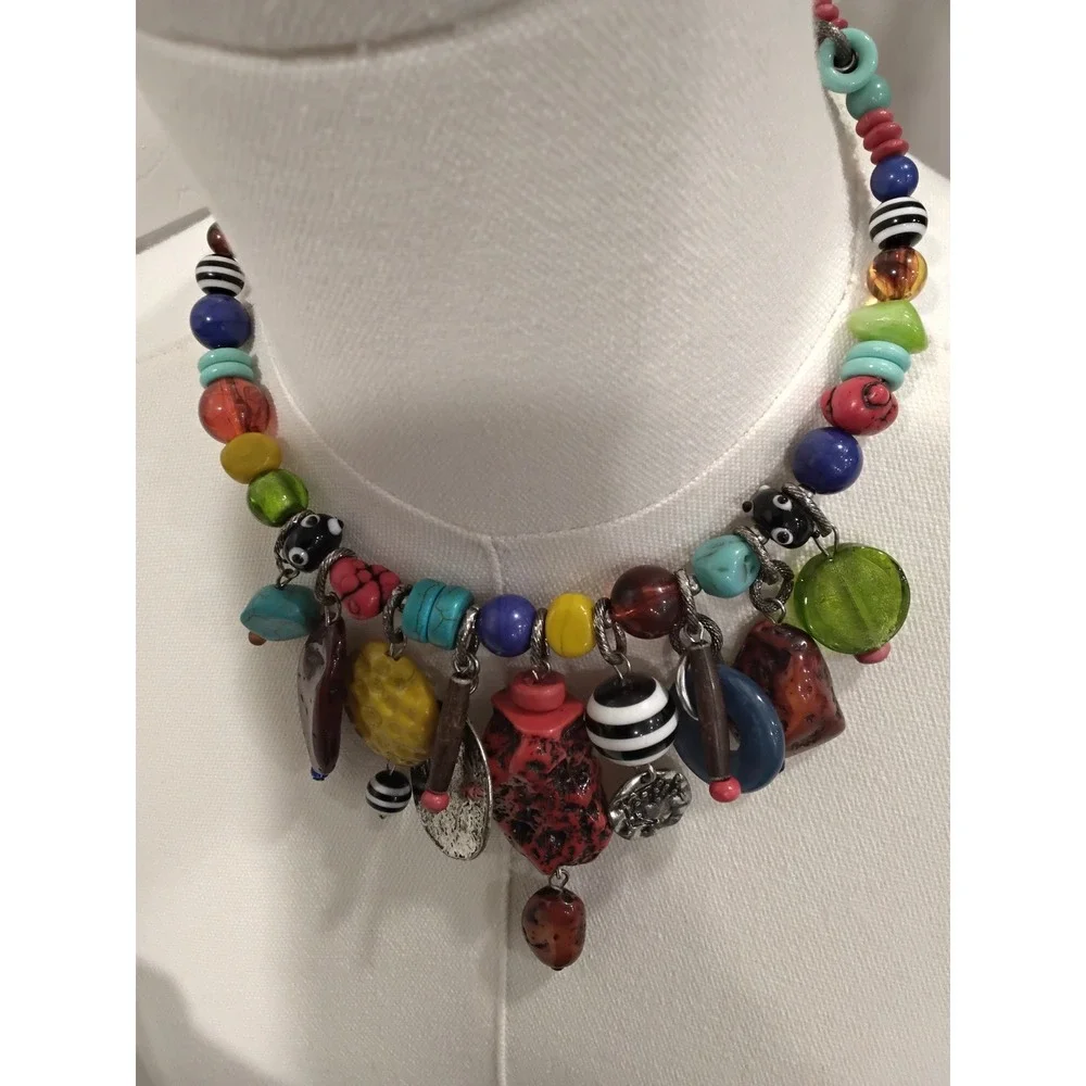 Multicolor‎ Beaded Statement Charm Necklace Eclectic Mixed Media Boho Jewelry